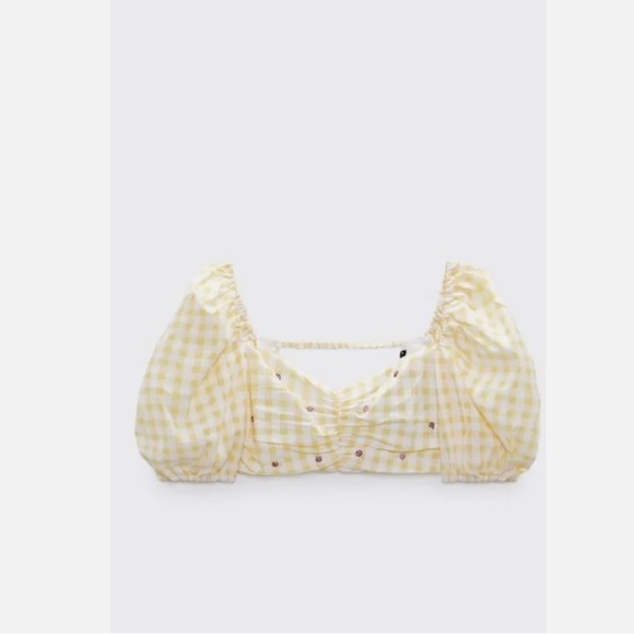 Zara Gingham Plaid Beaded Crop Top Open Back Puff Sleeves Yellow XL - Picture 4 of 8